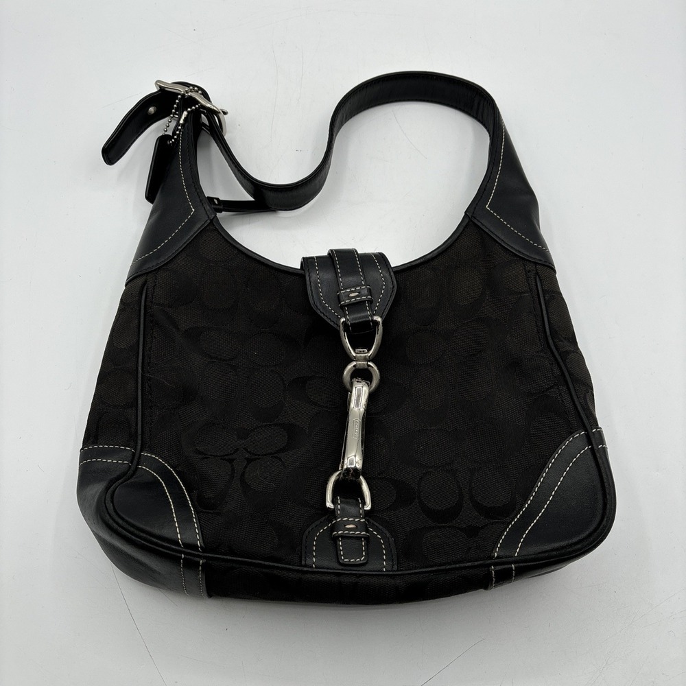 Coach Hamptons Hobo Handbag Shoulder Bag Signature Black 8K02 VTG READ - Picture 1 of 16